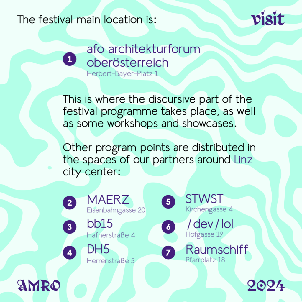 Abstract swirling turquoise shapes in the background. The text shows locations for the AMRO festival in Linz with keynotes at Hauptplatz and other venues distributed across the city, marked with numbers and addresses. On the bottom, there is also the text <br>AMRO 2024