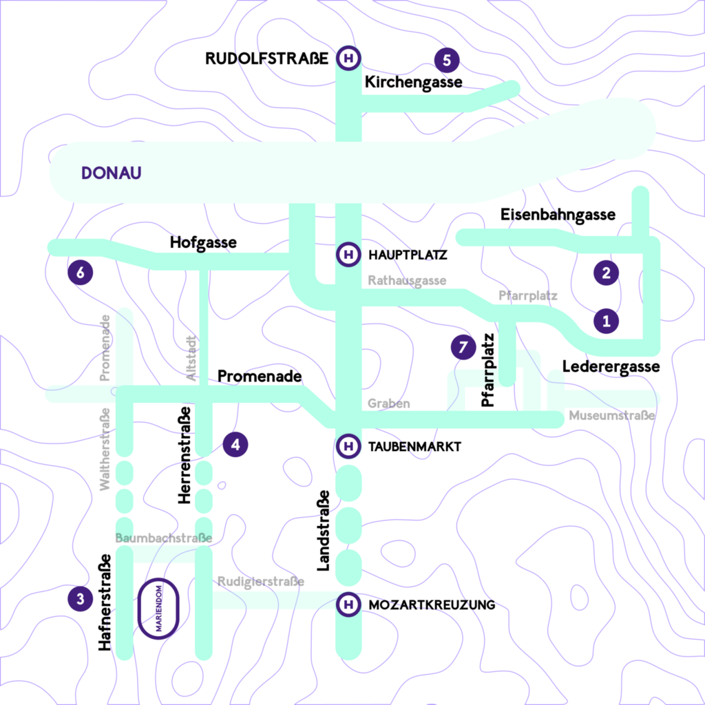 Abstract swirling purple fine line shapes in the background. A graphic of a map is illustrating various streets and landmarks in Linz near the Danube river, with numbered markers and a colour-coded guide for easy navigation.